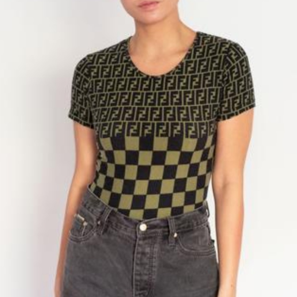 Vintage FENDI Zucca Checkerboard & Stripe & FF Monogram Logo Fitted Tee
